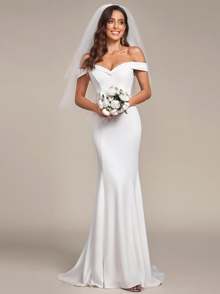 Robe de Mariée Élégante à Épaules Dénudées avec Queue de Sirène, Volants Superposés et Soutien-Gorge Intégré - Polyester, Non Extensible, Couleur Robe de Mariée Élégante à Épaules Dénudées avec Queue de Sirène, Volants Superposés et Soutien-Gorge Intégré - Polyester, Non Extensible, Couleur