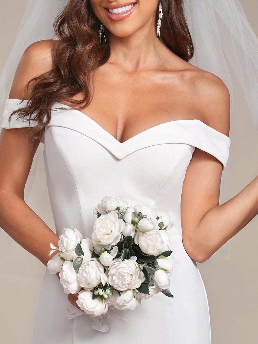 Robe de mariée sirène de couleur unie à épaules dénudées #Couleur_Creme