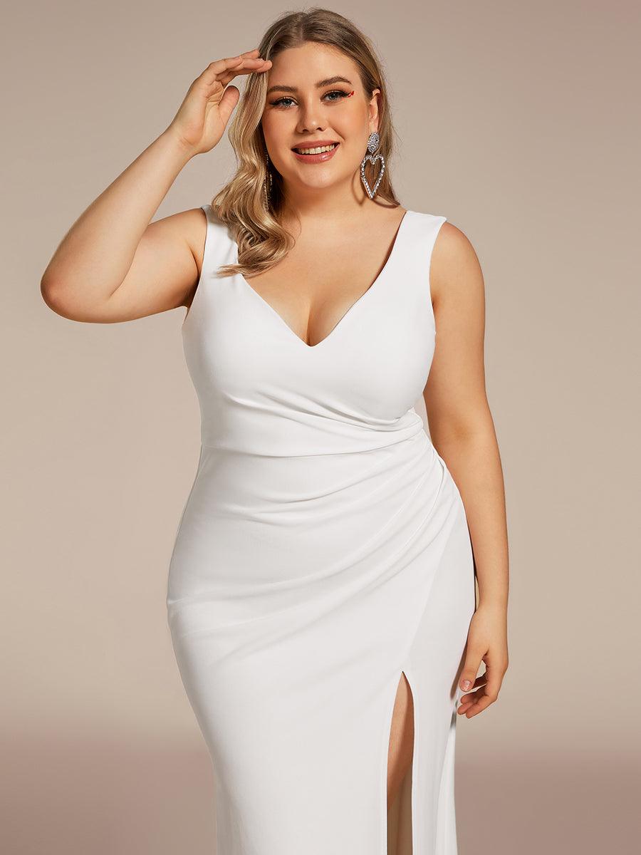 Robe de Mariée Simple Col en V Profond Grande Taille Sans Manches #Couleur_White