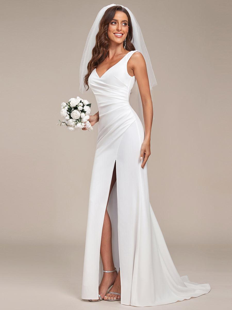 Robe de mariée ajustée et évasée en cœur froncée sans manches #Couleur_Blanc
