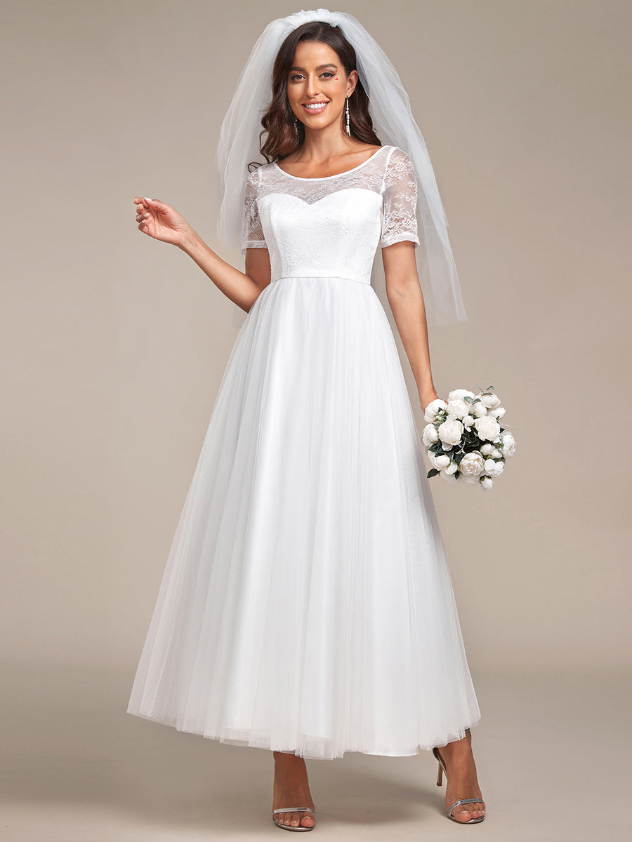 Robe de mariée A-ligne à lacets et corset à manches courtes #Couleur_Blanc Robe de mariée A-ligne à lacets et corset à manches courtes