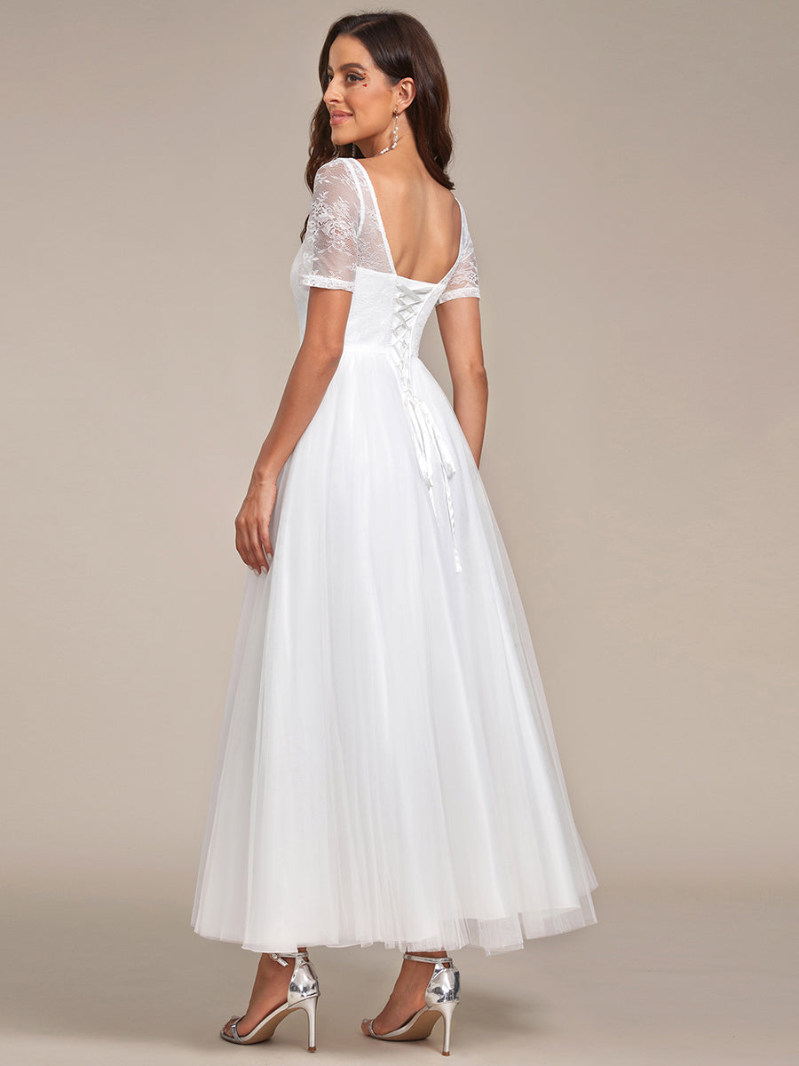 Robe de mariée A-ligne à lacets et corset à manches courtes #Couleur_Blanc Robe de mariée A-ligne à lacets et corset à manches courtes