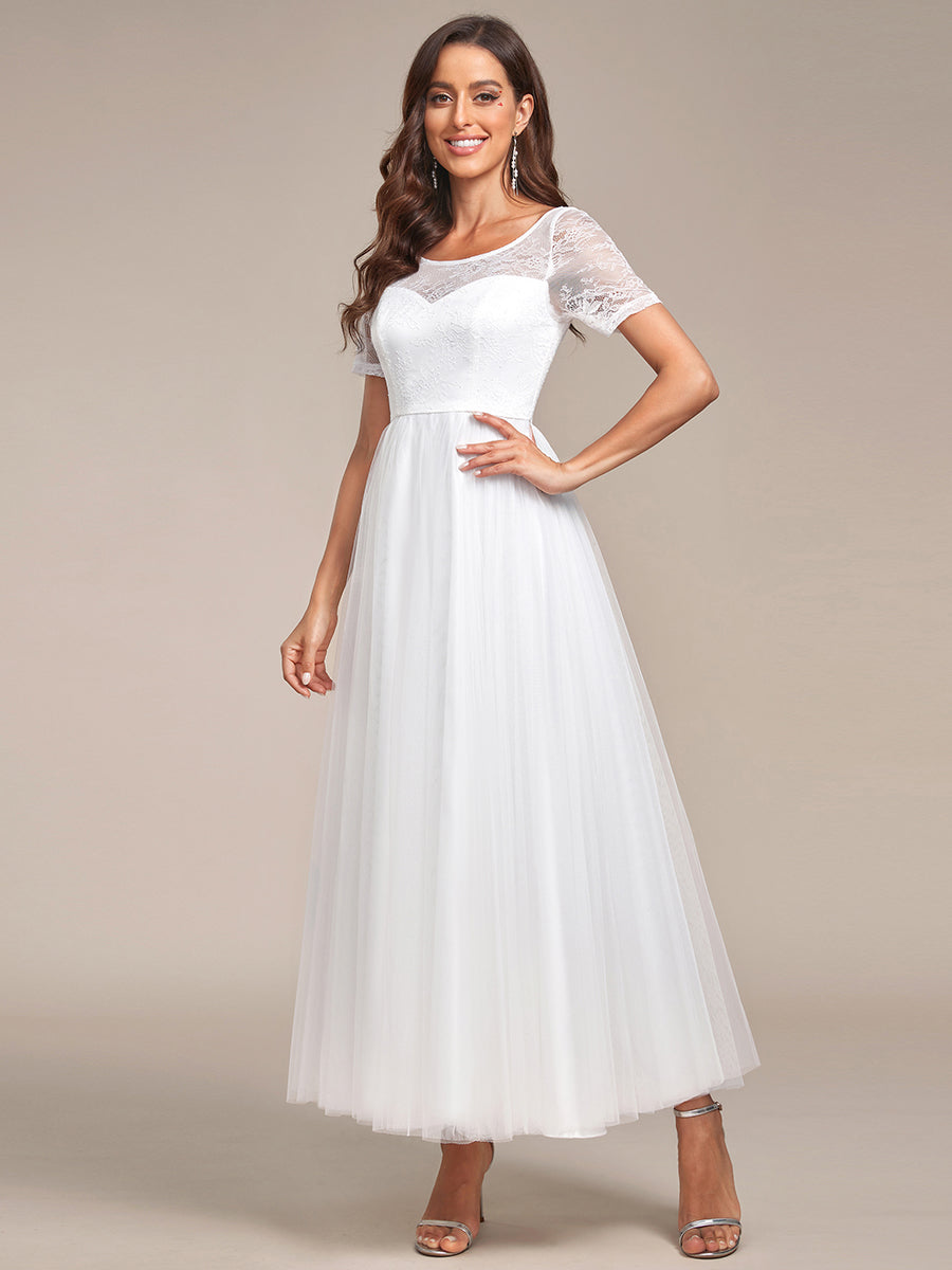 Robe de mariée A-ligne à lacets et corset à manches courtes #Couleur_Blanc Robe de mariée A-ligne à lacets et corset à manches courtes