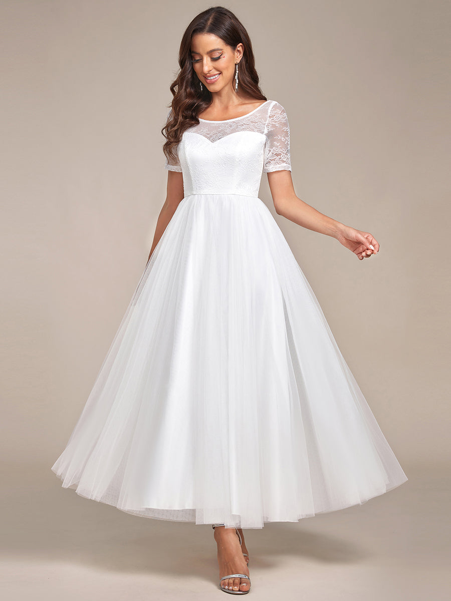 Robe de mariée A-ligne à lacets et corset à manches courtes #Couleur_Blanc Robe de mariée A-ligne à lacets et corset à manches courtes