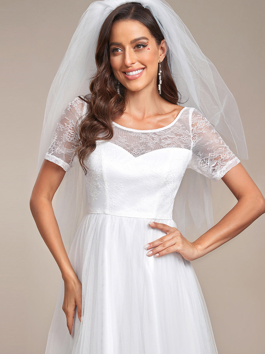 Robe de mariée A-ligne à lacets et corset à manches courtes #Couleur_Blanc Robe de mariée A-ligne à lacets et corset à manches courtes