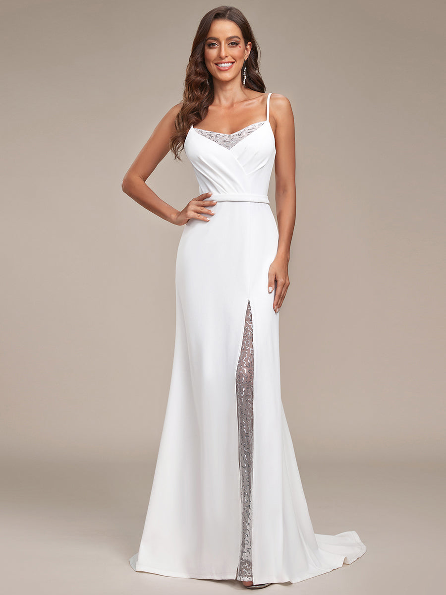 Robe de mariée fendue sur le devant en dentelle à col en V #Couleur_Blanc Robe de mariée fendue sur le devant en dentelle à col en V