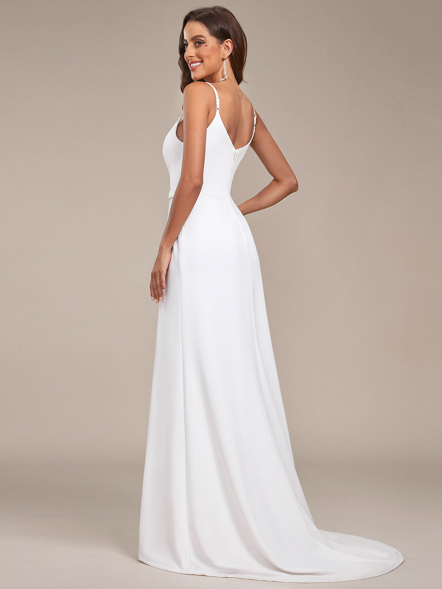 Robe de mariée fendue sur le devant en dentelle à col en V #Couleur_Blanc Robe de mariée fendue sur le devant en dentelle à col en V