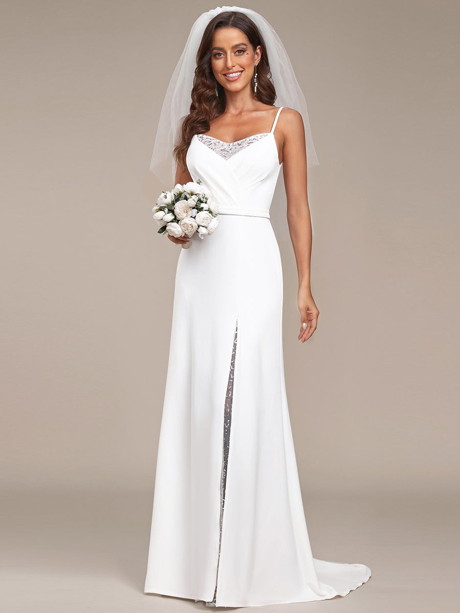 Robe de mariée fendue sur le devant en dentelle à col en V #Couleur_Blanc Robe de mariée fendue sur le devant en dentelle à col en V