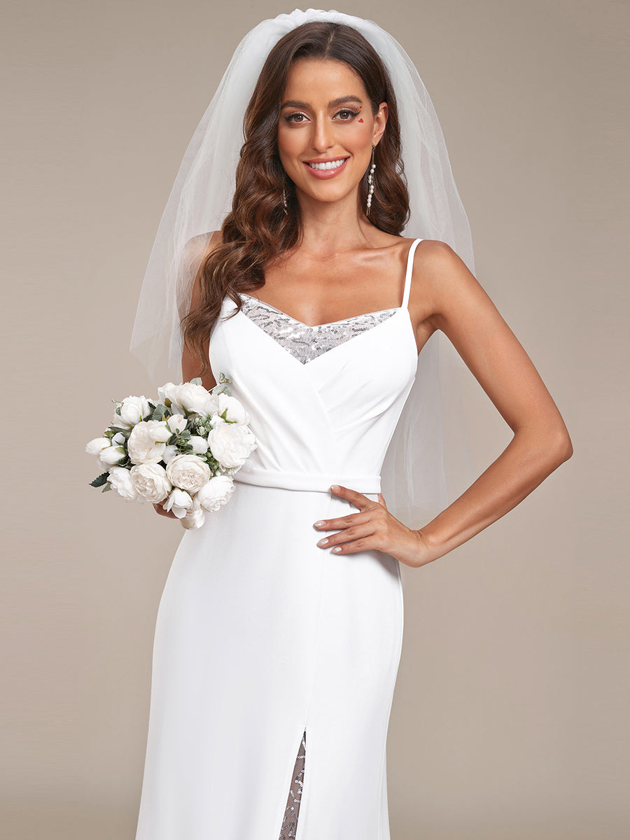 Robe de mariée fendue sur le devant en dentelle à col en V #Couleur_Blanc Robe de mariée fendue sur le devant en dentelle à col en V