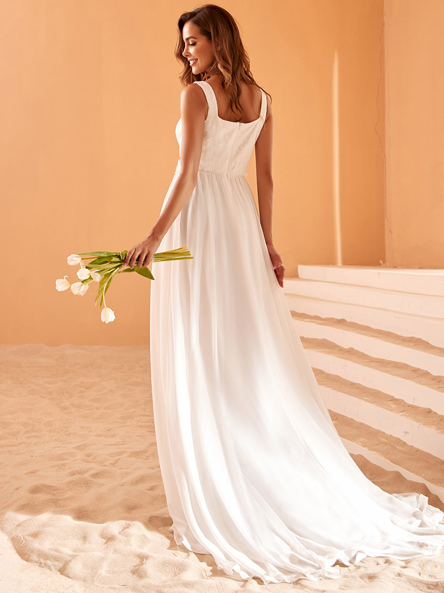 Robe de Mariée minimaliste en dentelle avec encolure carrée #Couleur_Blanc