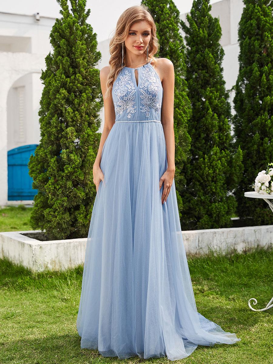 Robe de mariée trapèze en tulle à col licou avec appliques #Couleur_Bleu Clair