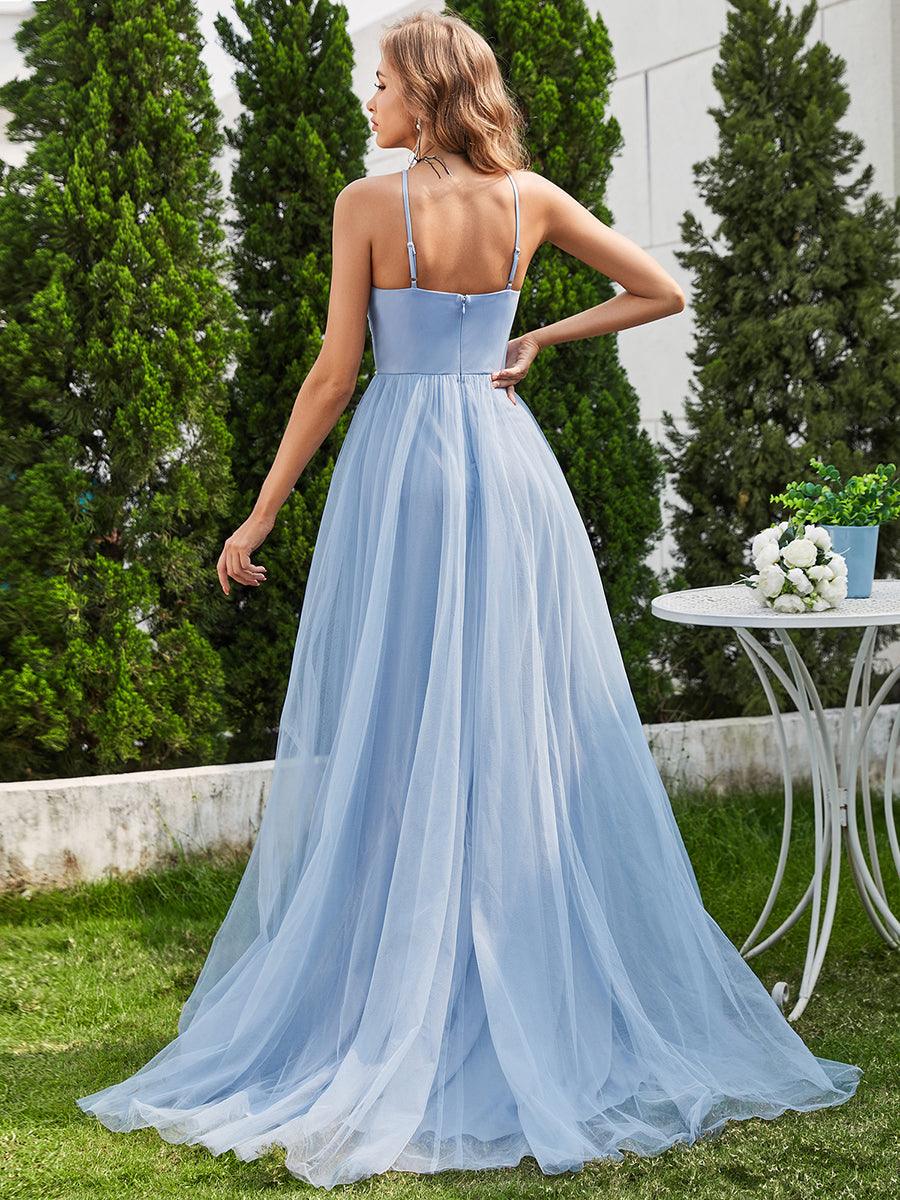 Robe de mariée trapèze en tulle à col licou avec appliques #Couleur_Bleu Clair