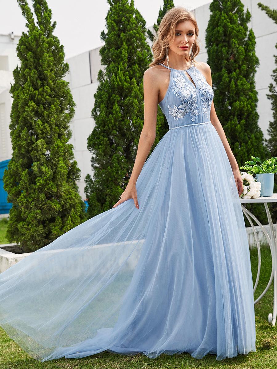 Robe de mariée trapèze en tulle à col licou avec appliques #Couleur_Bleu Clair