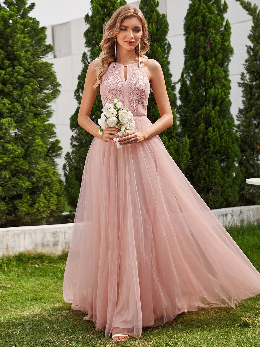 Robe de mariée trapèze en tulle à col licou avec appliques #Couleur_Rose