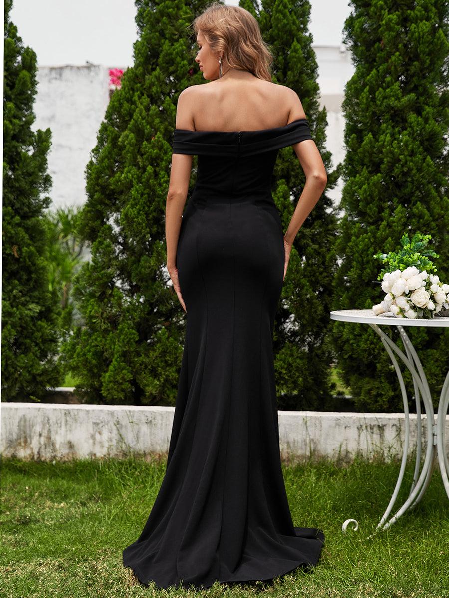 Robe de mariée sirène plissée à épaules dénudées et fente haute #Couleur_Noir