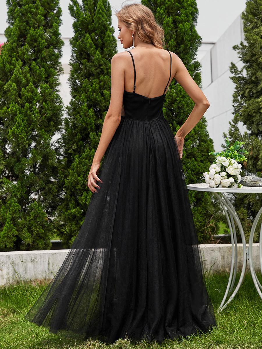 Robes de mariée trapèze à col en V et bretelles spaghetti, embellissements de perles #Couleur_Noir