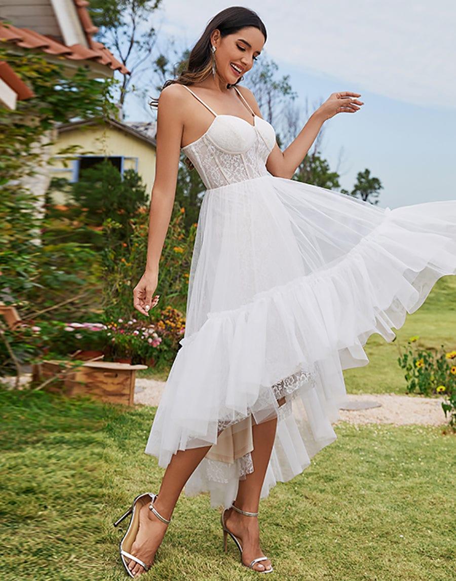 Robe de mariée haut-bas avec corset chérie et bretelles spaghetti #Couleur_Ivory