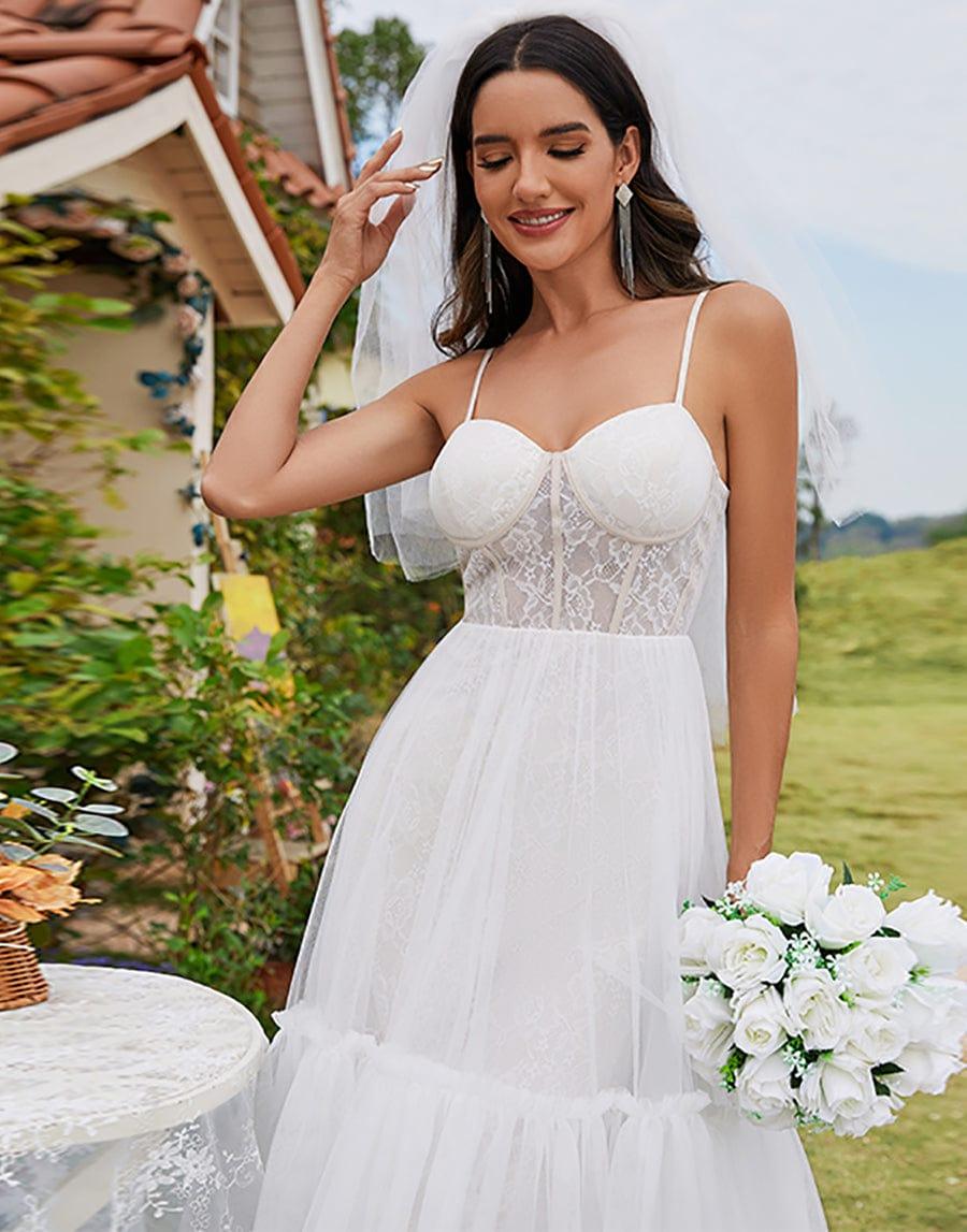 Robe de mariée haut-bas avec corset chérie et bretelles spaghetti #Couleur_Ivory