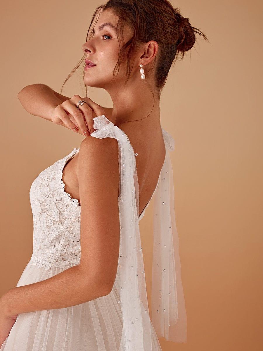 Robe de mariée romantique en dentelle et tulle avec épaules nouées #Couleur_Ivoire