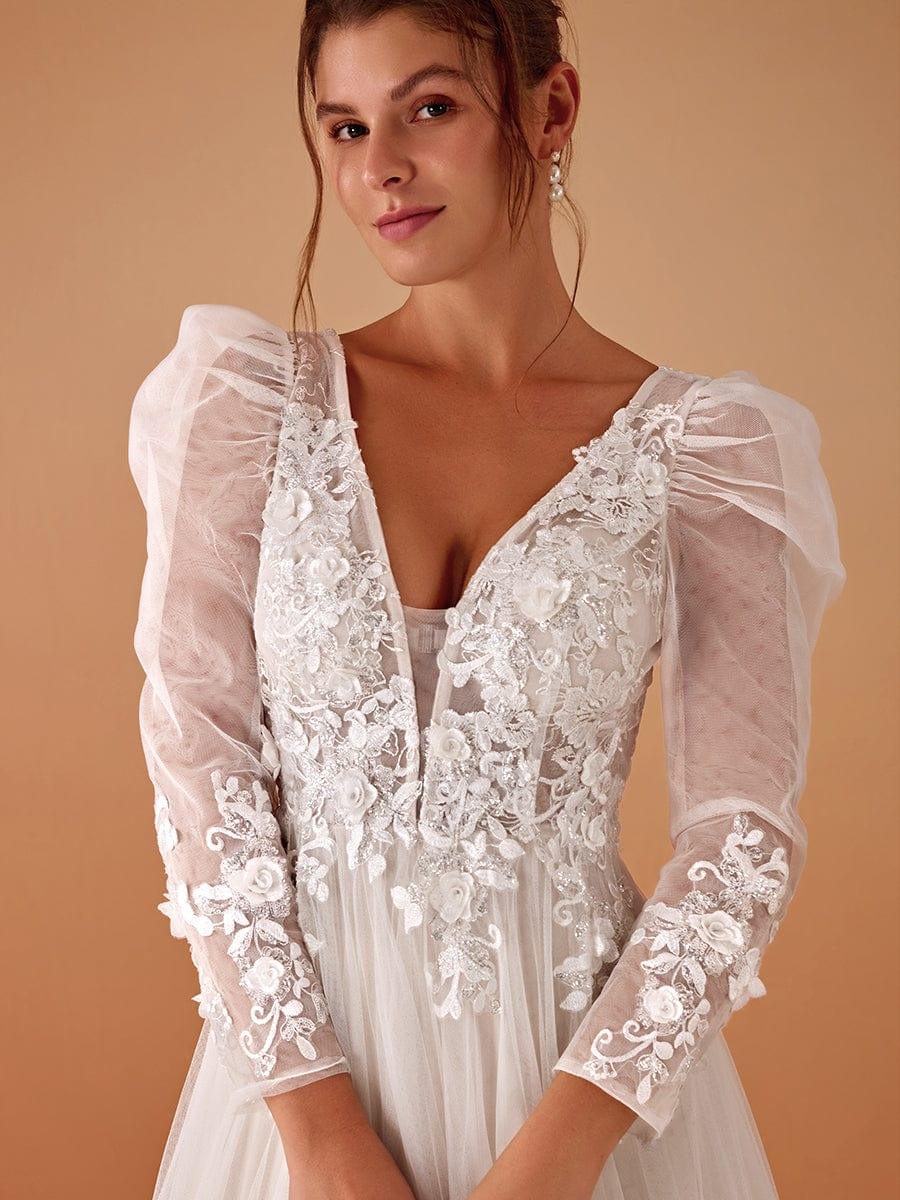 Robe de mariée transparente à col en V et manches gigot #Couleur_Ivoire