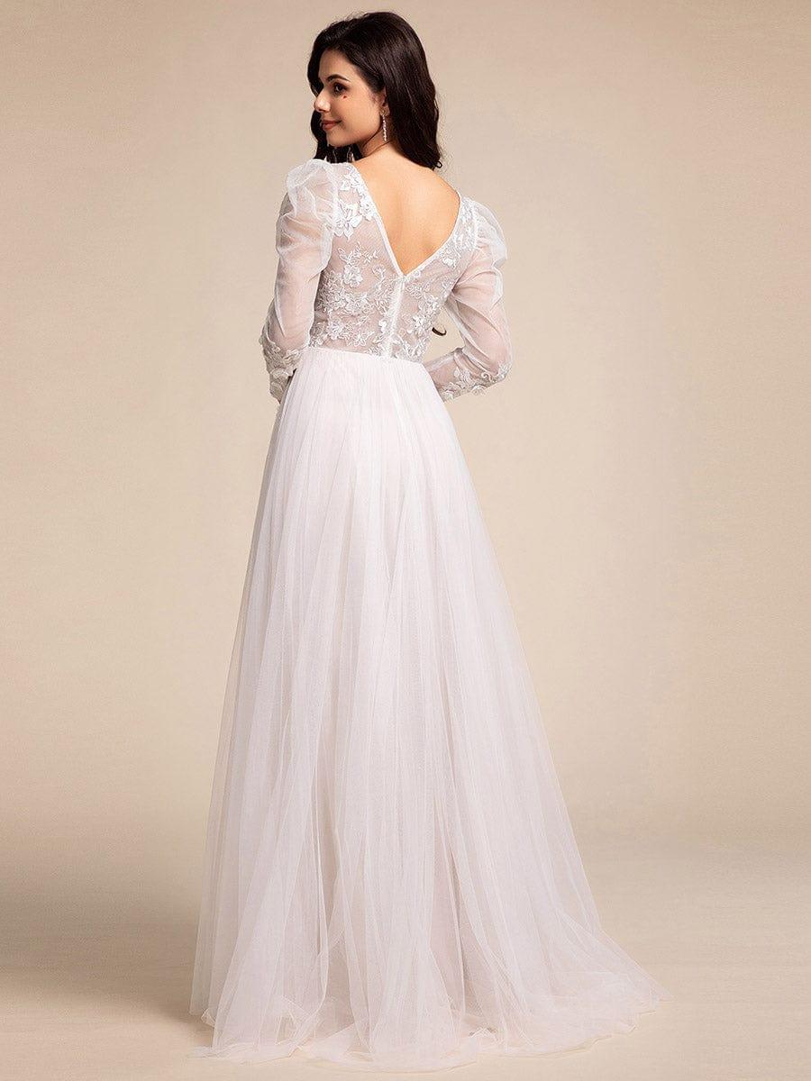 Robe de mariée transparente à col en V et manches gigot #Couleur_Ivoire