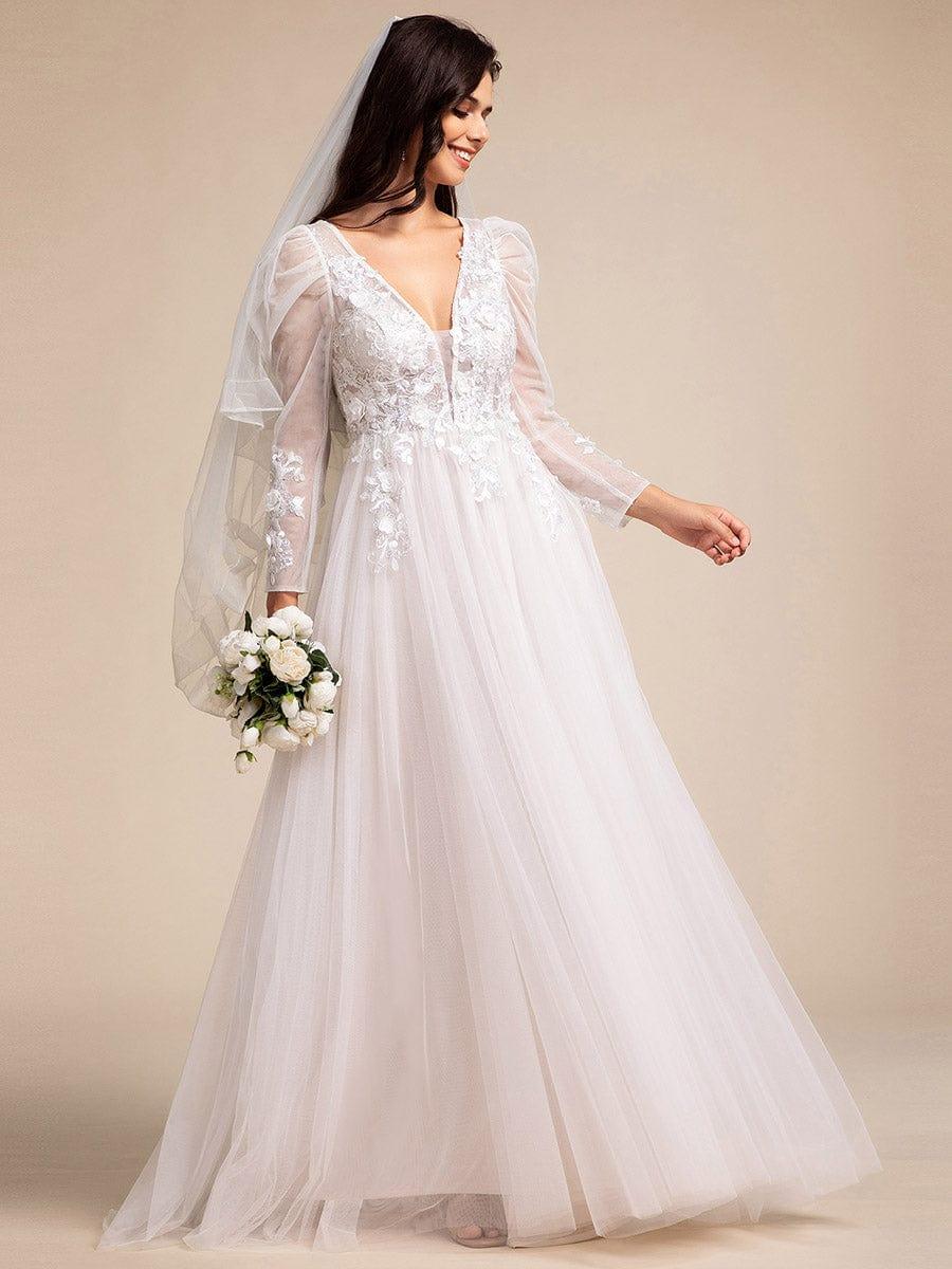 Robe de mariée transparente à col en V et manches gigot #Couleur_Ivoire
