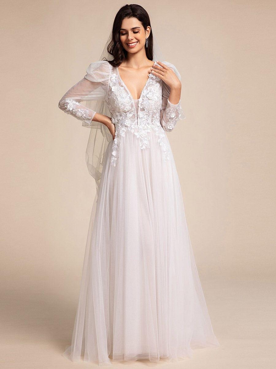 Robe de mariée transparente à col en V et manches gigot #Couleur_Ivoire