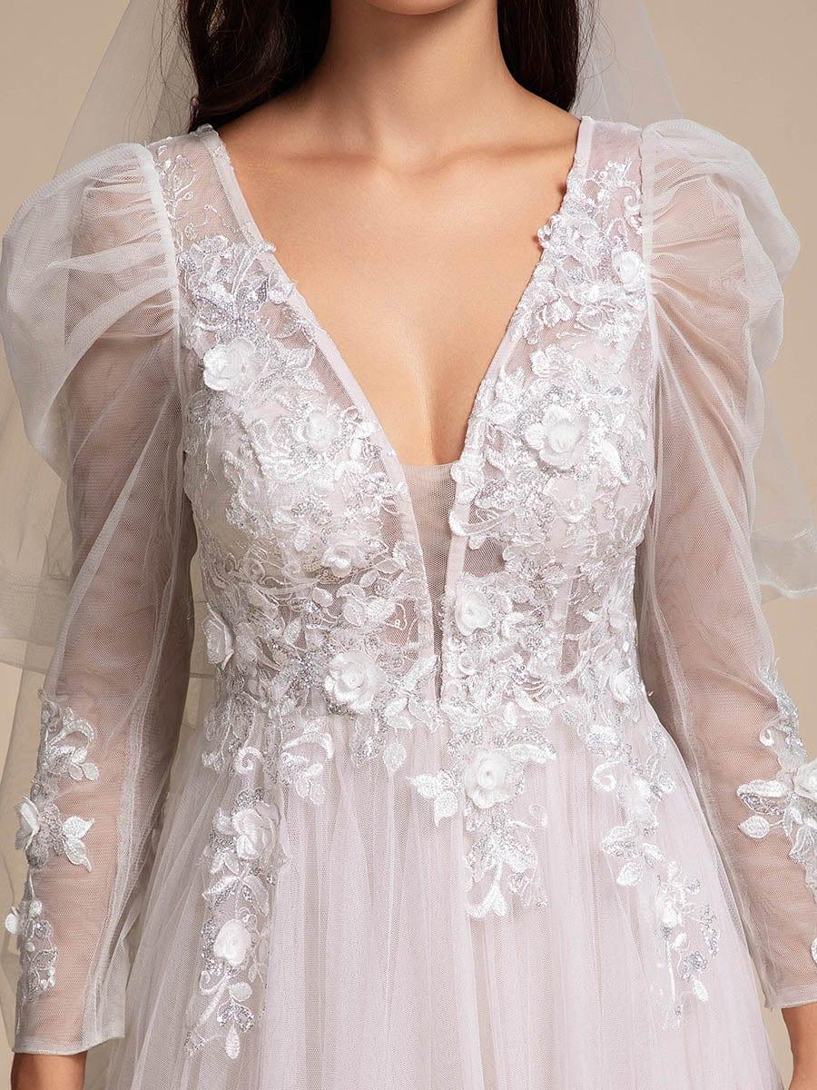Robe de mariée transparente à col en V et manches gigot #Couleur_Ivoire