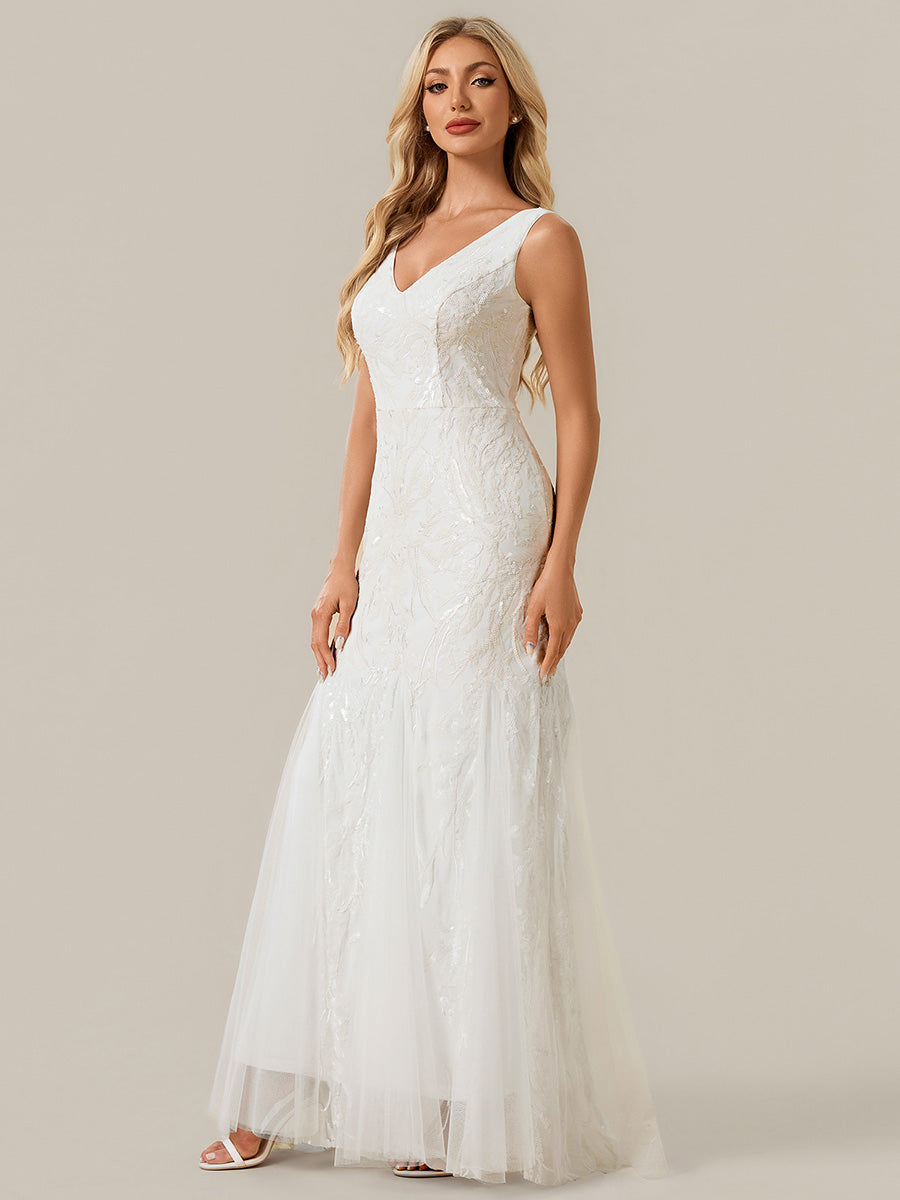 Robe sirène sans bretelles col en V haute élasticité bas asymétrique à sequins avec patchwork floral #Couleur_Blanc