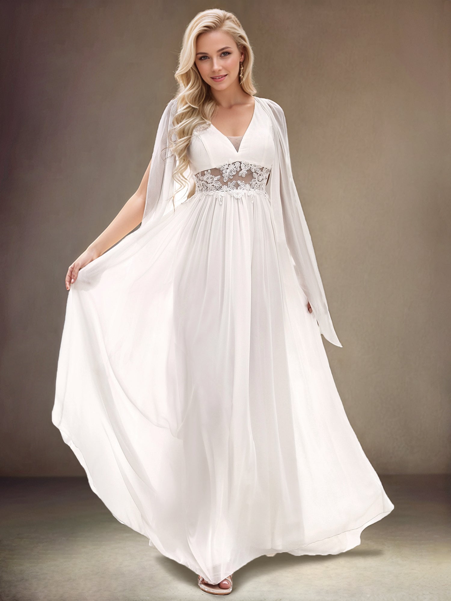 Robe de mariée longue fendue avec appliques à col en V profond #Couleur_Creme