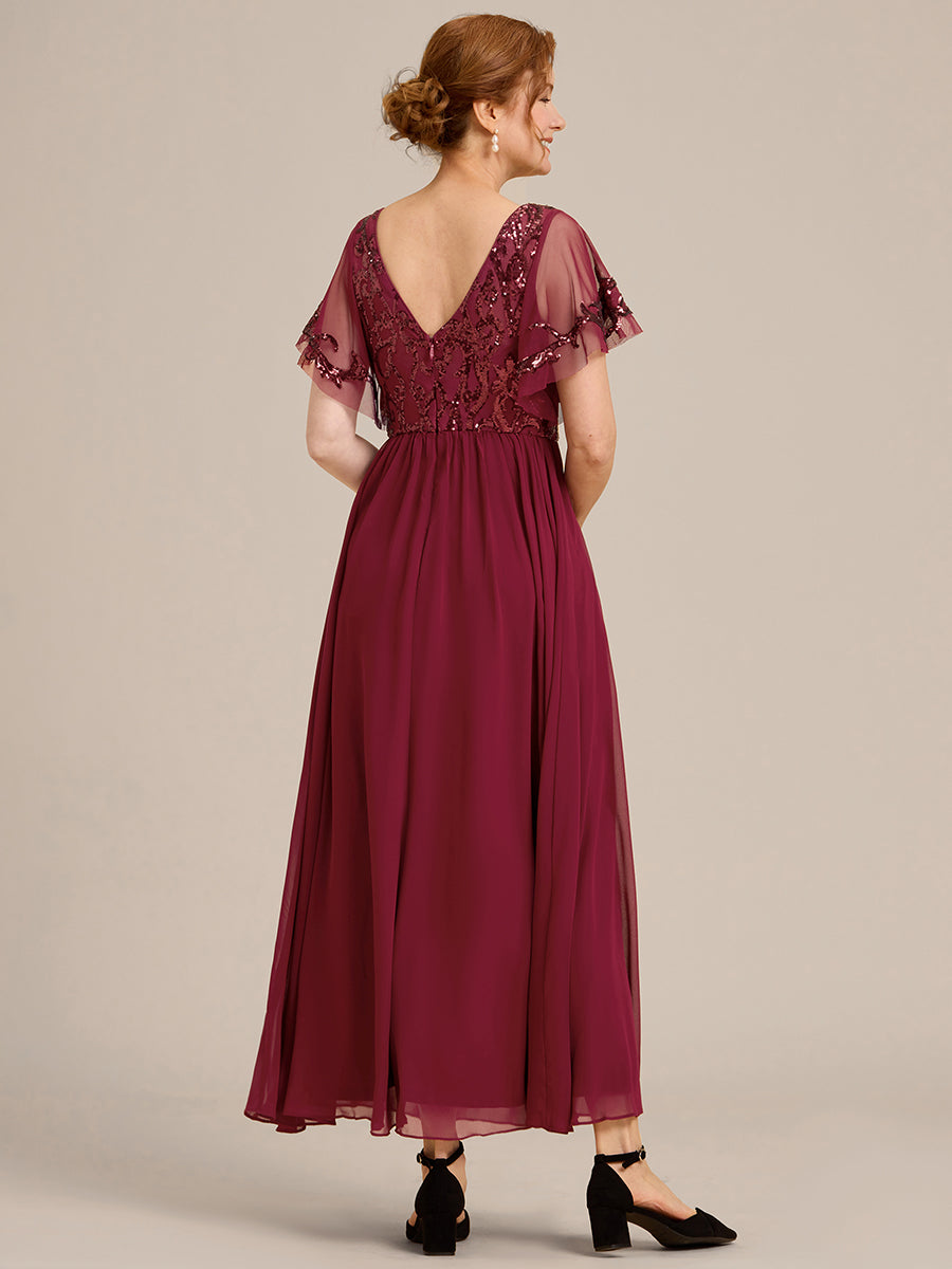 Robe Mère de la Mariée en mousseline à manches courtes et encolure en V #Couleur_Bordeaux