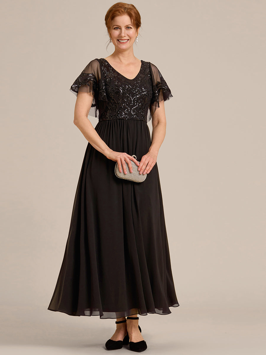 Robe Mère de la Mariée en mousseline à manches courtes et encolure en V #Couleur_Noir