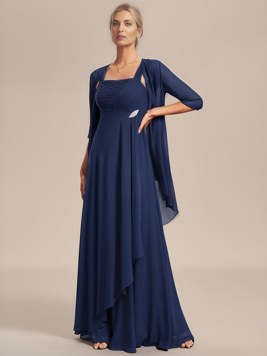Robe mère de la mariée deux pièces en mousseline à encolure carrée#Couleur_Bleu Marine Robe mère de la mariée deux pièces en mousseline à encolure carrée
