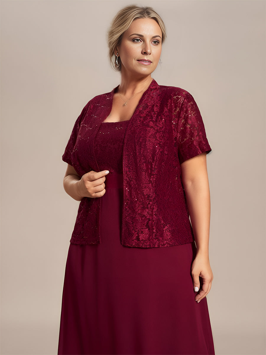 Robe Mère De La Mariée mousseline Encolure carrée dentelle de grande taille #Couleur_Bordeaux Robe Mère De La Mariée mousseline Encolure carrée dentelle de grande taille