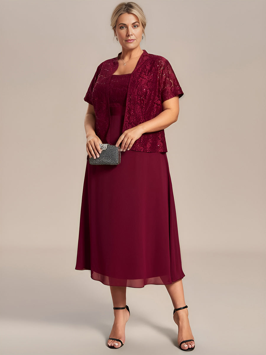Robe Mère De La Mariée mousseline Encolure carrée dentelle de grande taille #Couleur_Bordeaux Robe Mère De La Mariée mousseline Encolure carrée dentelle de grande taille