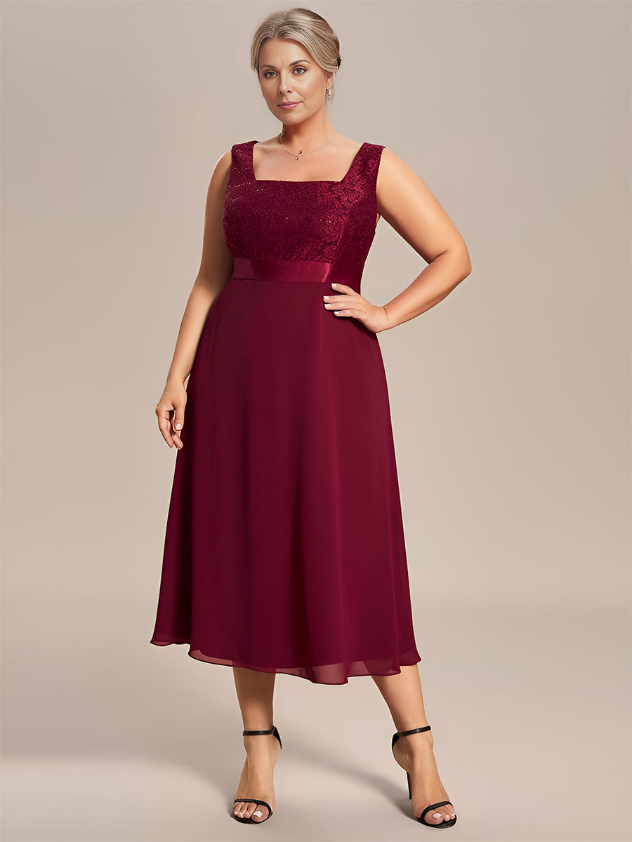 Robe Mère De La Mariée mousseline Encolure carrée dentelle de grande taille #Couleur_Bordeaux Robe Mère De La Mariée mousseline Encolure carrée dentelle de grande taille