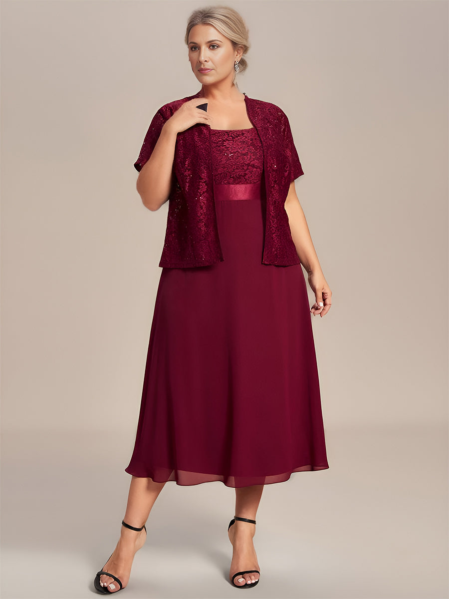 Robe Mère De La Mariée mousseline Encolure carrée dentelle de grande taille #Couleur_Bordeaux Robe Mère De La Mariée mousseline Encolure carrée dentelle de grande taille