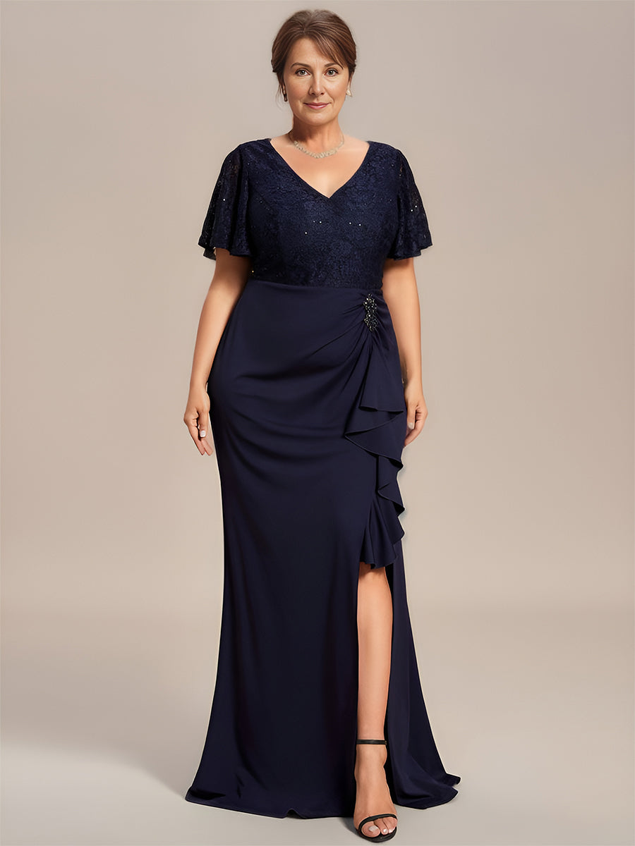 Robe Mère de Mariée Moulante en Dentelle avec Ourlet Feuille de Lotus de Grande Taille #Couleur_Bleu Marine Robe Mère de Mariée Moulante en Dentelle avec Ourlet Feuille de Lotus de Grande Taille