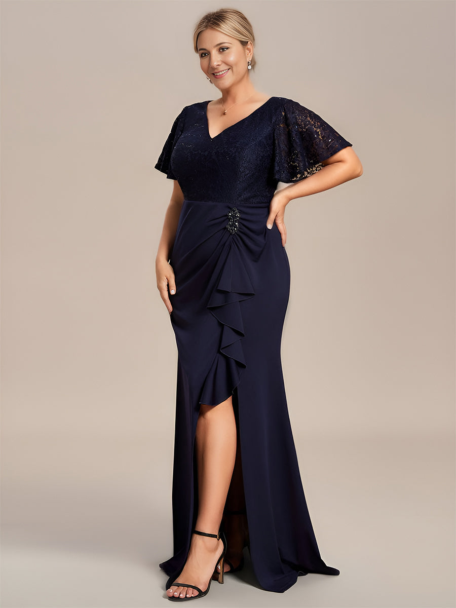 Robe Mère de Mariée Moulante en Dentelle avec Ourlet Feuille de Lotus de Grande Taille #Couleur_Bleu Marine Robe Mère de Mariée Moulante en Dentelle avec Ourlet Feuille de Lotus de Grande Taille