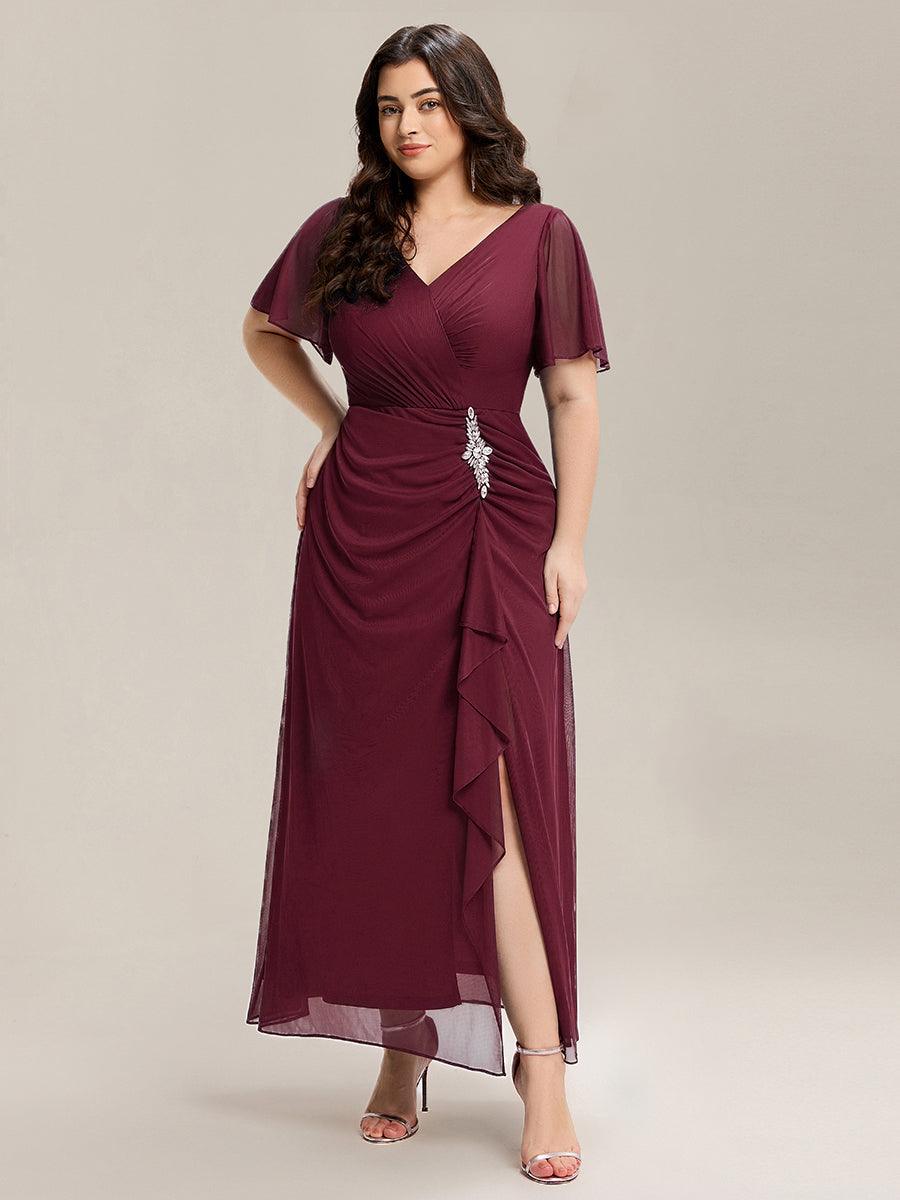 Robe D'invité De Mariage En Mousseline De Soie Mi-Longue Plissée à Manches à Volants Et Col En V #Couleur_Bordeaux