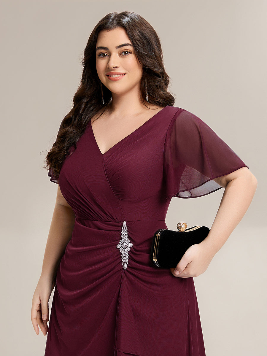 Robe D'invité De Mariage En Mousseline De Soie Mi-Longue Plissée à Manches à Volants Et Col En V #Couleur_Bordeaux