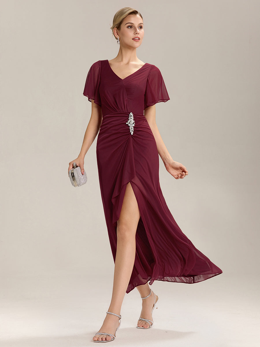 Robe D'invité De Mariage En Mousseline De Soie Mi-Longue Plissée à Manches à Volants Et Col En V #Couleur_Bordeaux