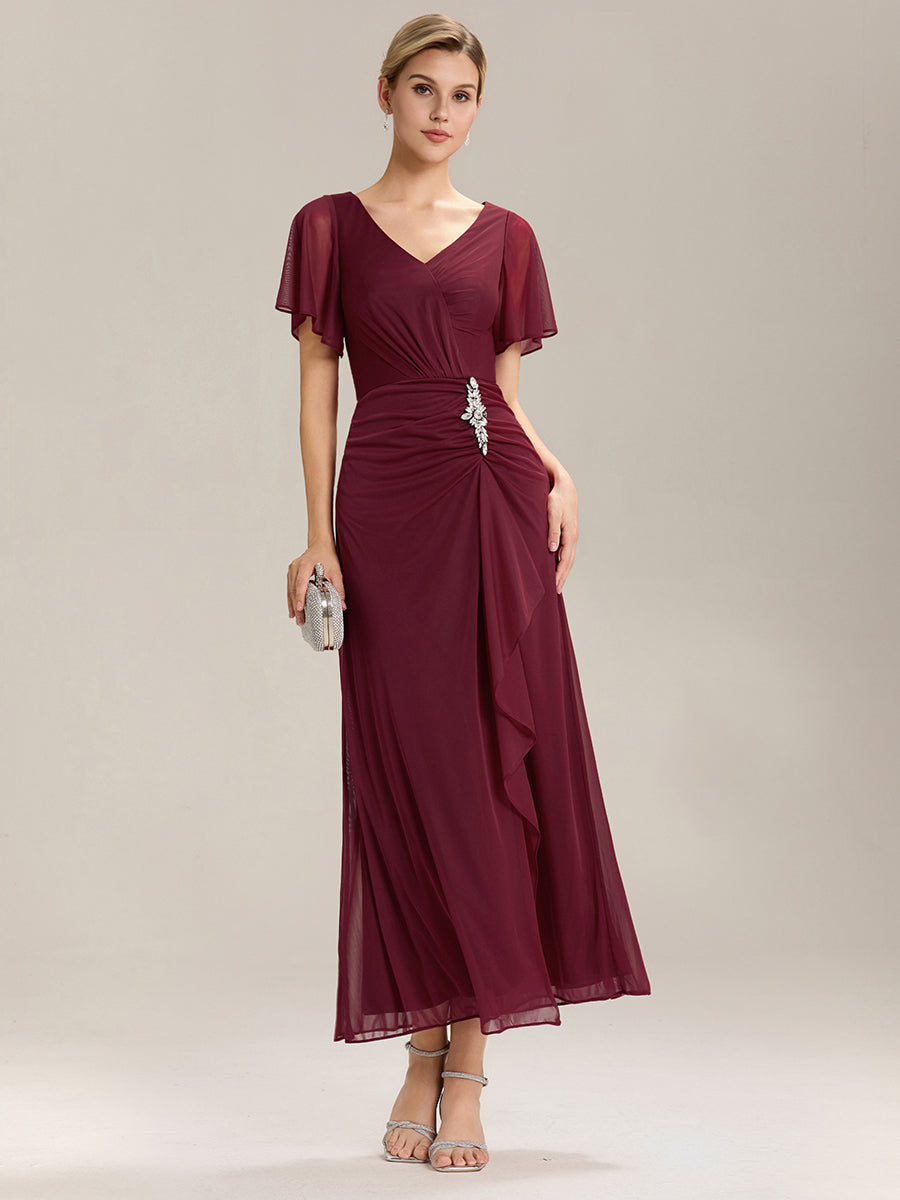 Robe D'invité De Mariage En Mousseline De Soie Mi-Longue Plissée à Manches à Volants Et Col En V #Couleur_Bordeaux