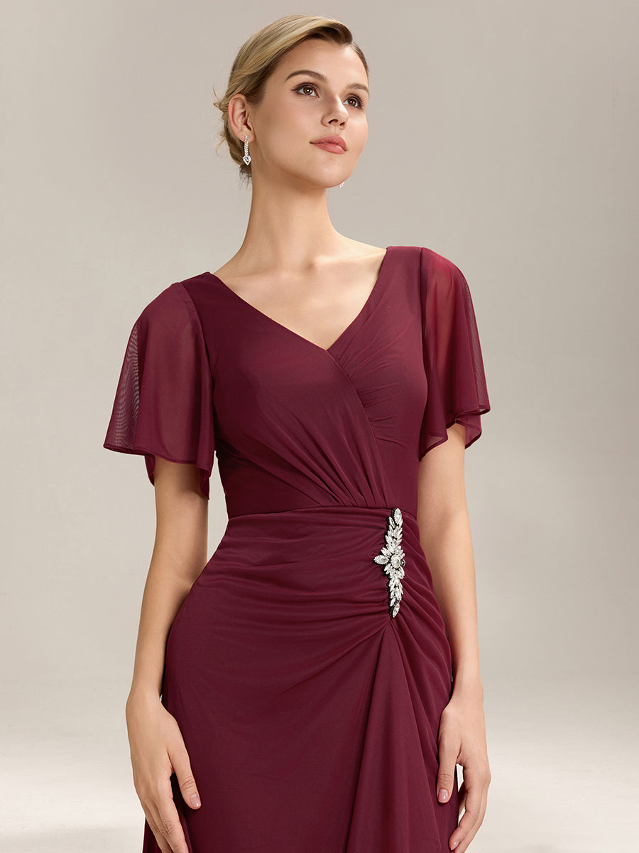 Robe D'invité De Mariage En Mousseline De Soie Mi-Longue Plissée à Manches à Volants Et Col En V #Couleur_Bordeaux