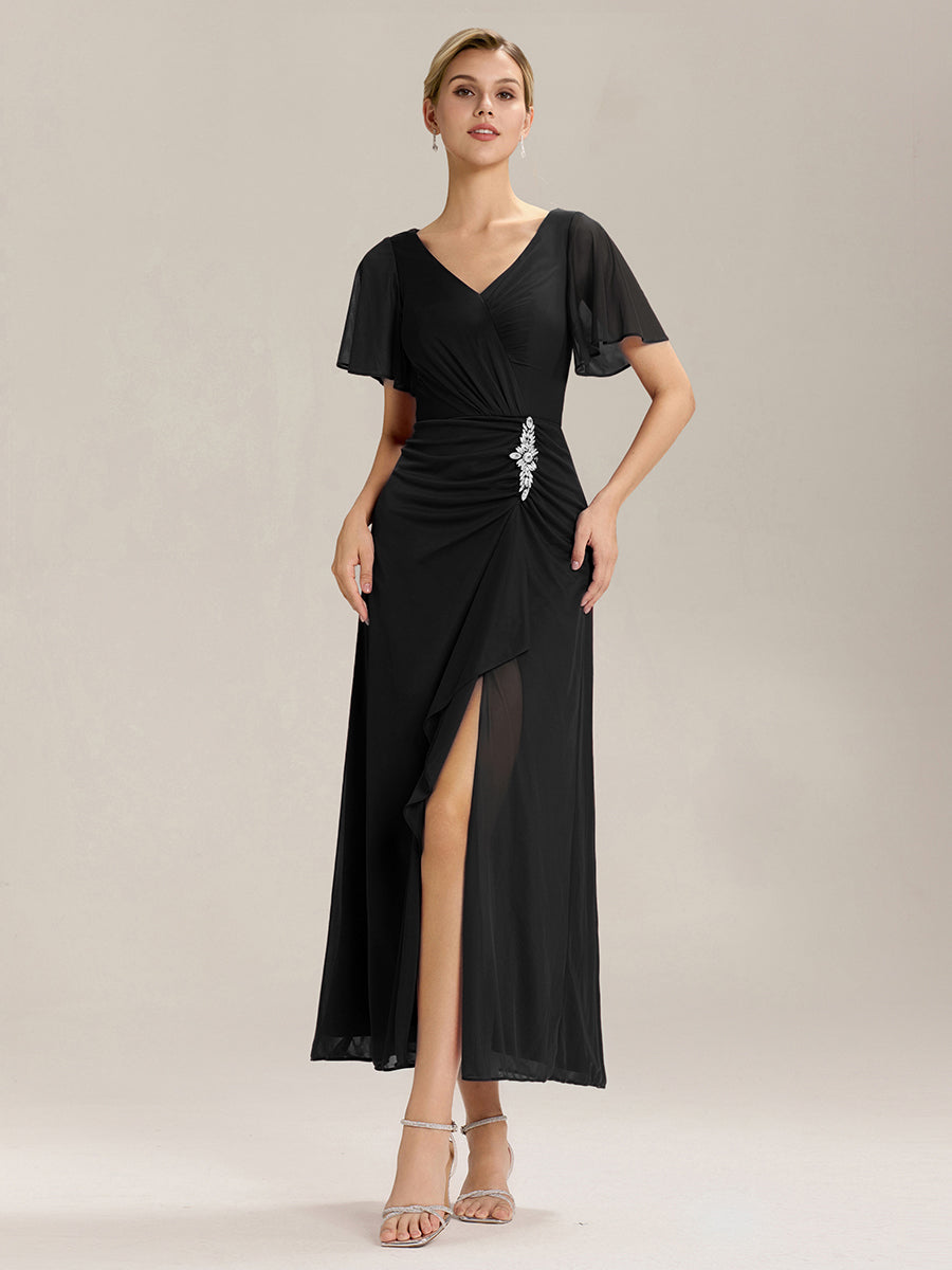 Robe D'invité De Mariage En Mousseline De Soie Mi-Longue Plissée à Manches à Volants Et Col En V #Couleur_Noir