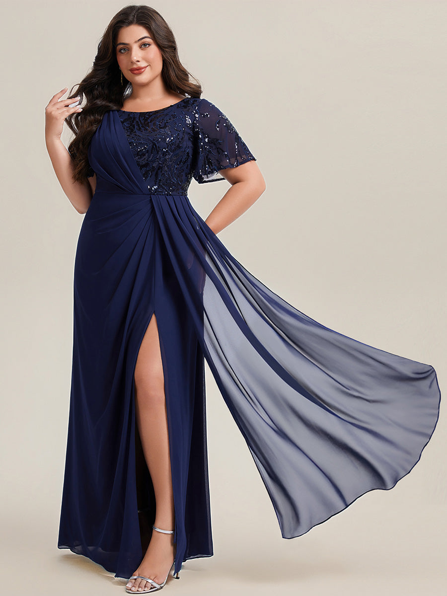 Robe longue A ligne à manches courtes avec volants en sequins et fente haute pour grandes tailles #Couleur_Bleu Marine