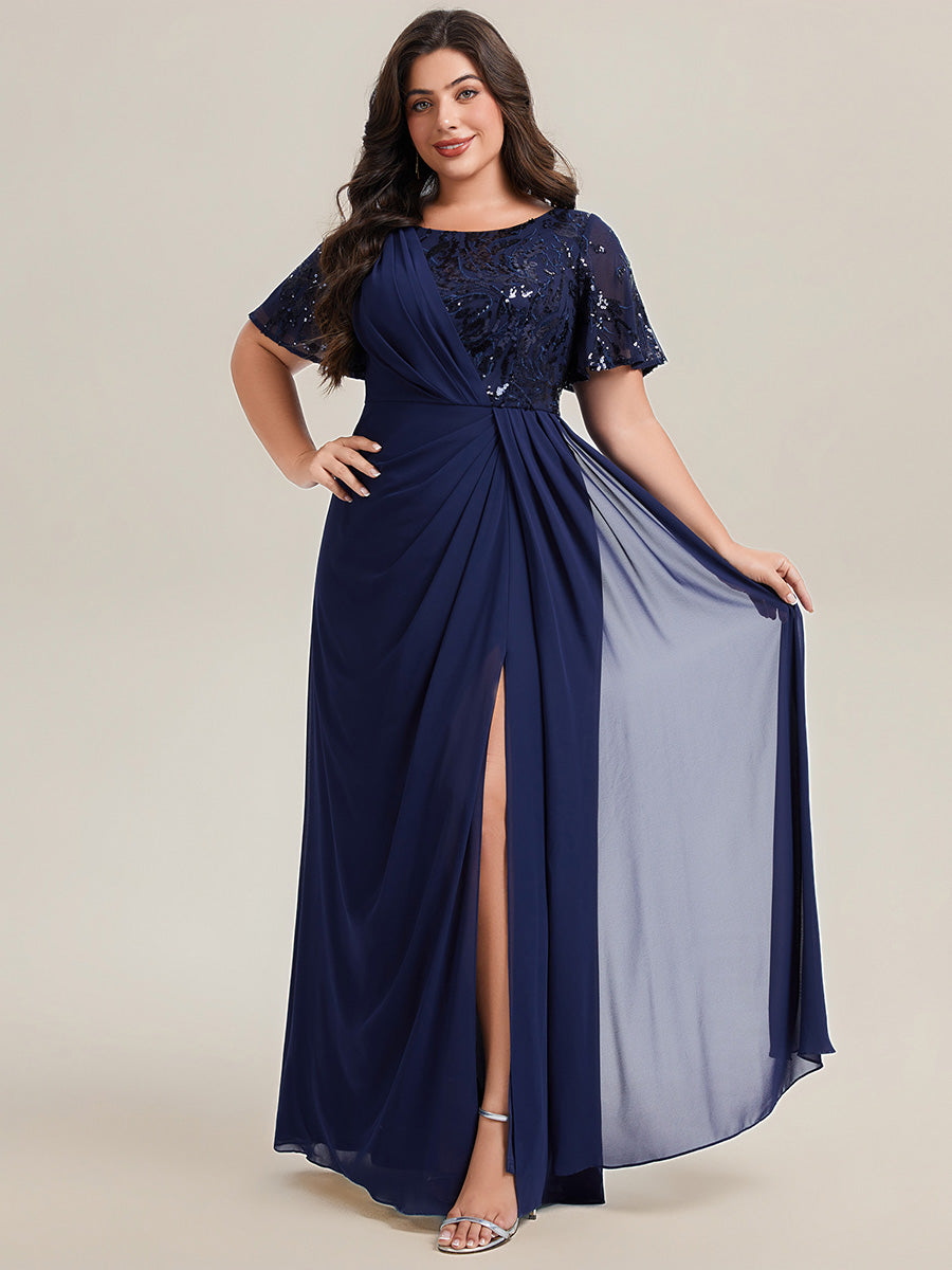 Robe longue A ligne à manches courtes avec volants en sequins et fente haute pour grandes tailles #Couleur_Bleu Marine
