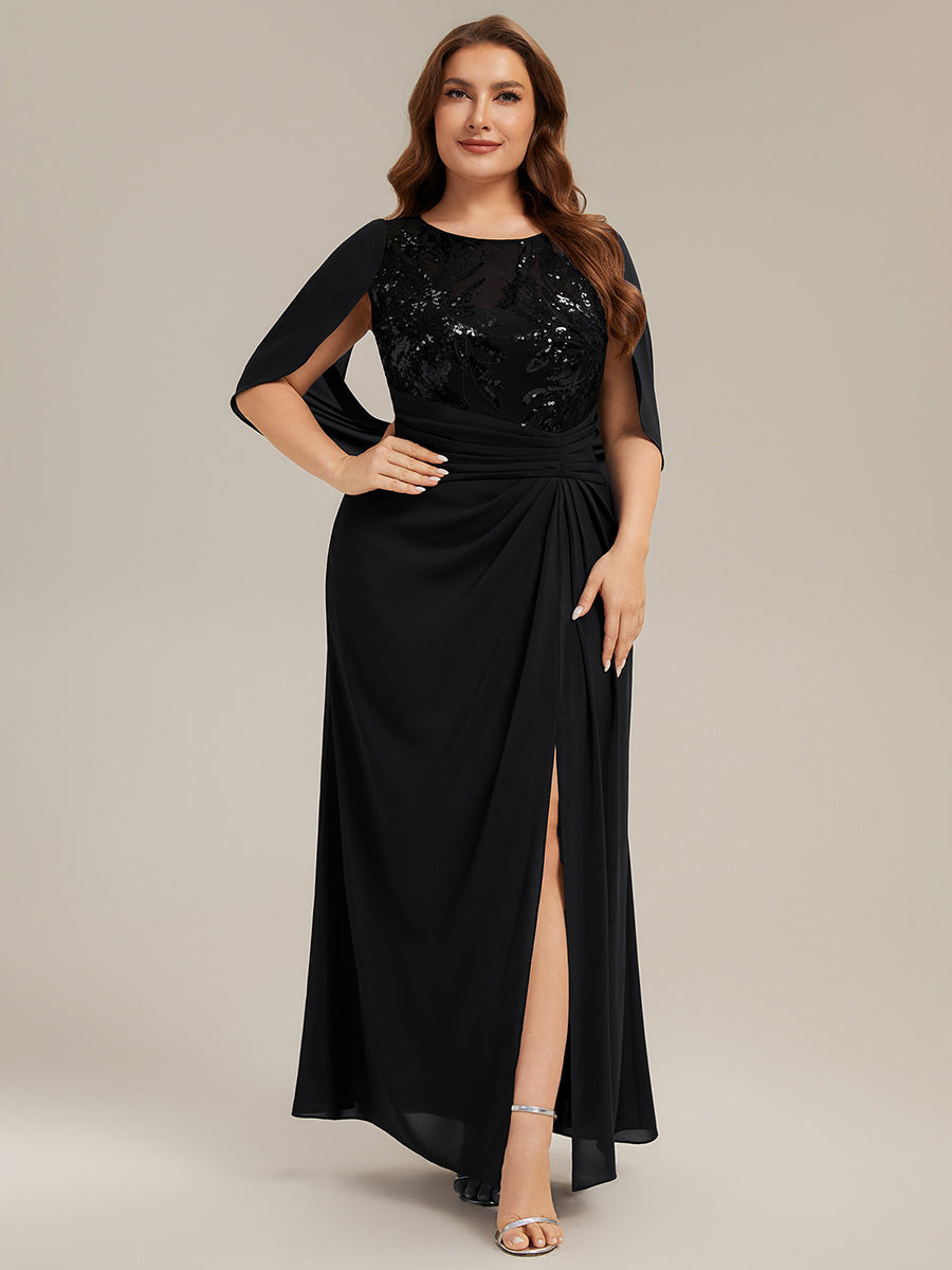robe longue à encolure drapée à manches mi-longues et taille cintrée #Couleur_Noir