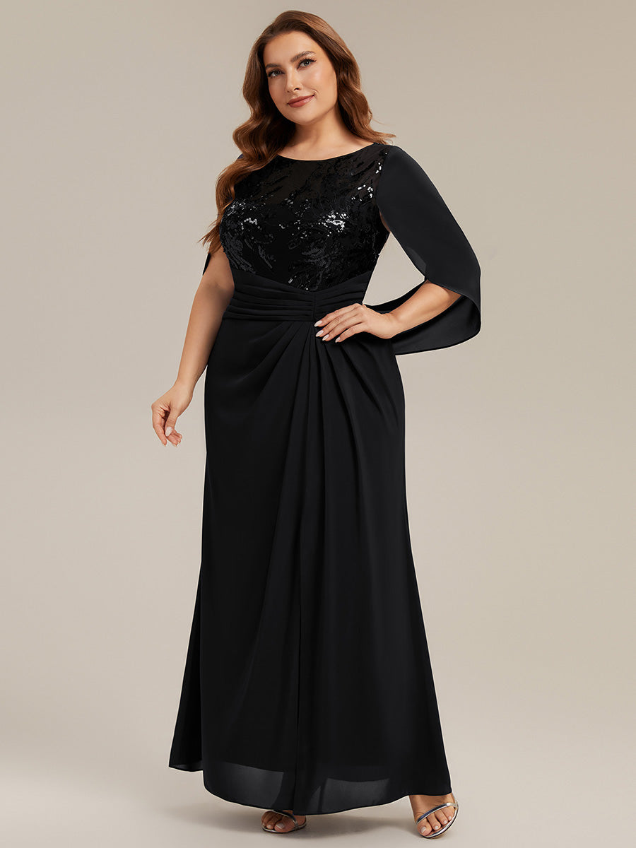 robe longue à encolure drapée à manches mi-longues et taille cintrée #Couleur_Noir