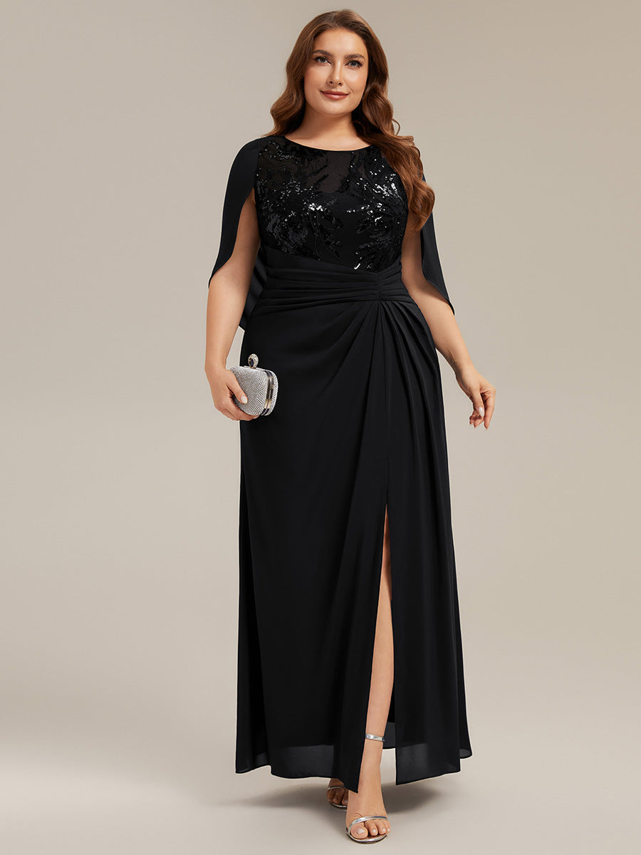robe longue à encolure drapée à manches mi-longues et taille cintrée #Couleur_Noir